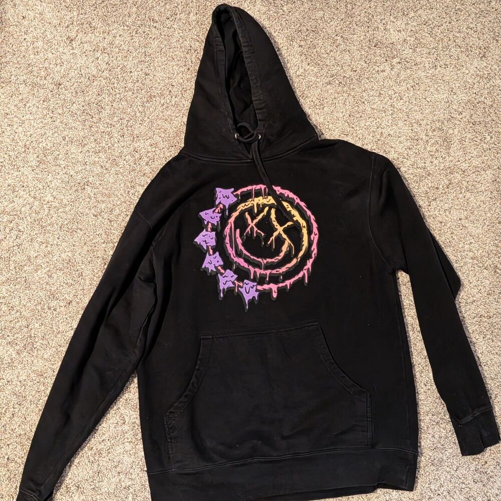 Official Blink-182 Concert Black Drippy Ombre Logo Fleece Hoodie Large